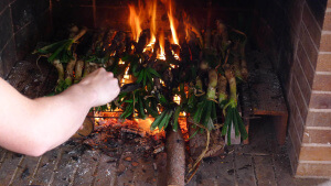 Calçots en el fuego para la calçotada catalana
