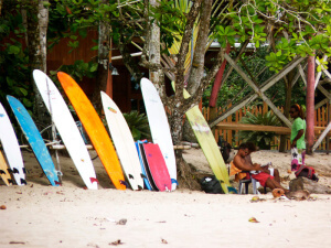Tablas de surf en la Playa de Cocles en Puerto Viejo en Costa Rica