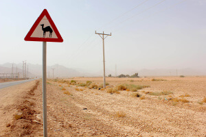 Señal de peligro de paso de camellos que ver en el Wadi Rum en Jordania